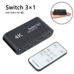 R�partiteur vid�o 3 en 1, commutateur compatible hdmi 4k, prise jack 3. 5, c�ble en fiber optique + t�l�comman ...