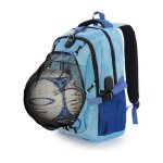 Sac � dos enfant bleu avec filet ballon et casque amovible, port usb, sport et �cole, compartiment pc ...