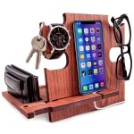 Station d'accueil en bois, support pour smartphone - organisateur de bureau, support de table de chevet, ...