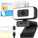 Webcam 2k avec microphone et couvercle - usb pc cam�ra avec lumi�re, zoom, flip, couverture de confidentialit� ...