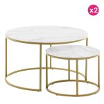 Ensemble de 2 tables basse ronde 80 et 50 verre blanc et acier dor