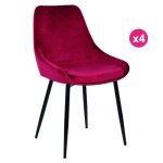 Lot de 4 chaises repas velours rouge avec piétement métal noir kari Lot de 4 chaises repas velours rouge avec piétement métal noir kari