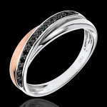 Anneau saturne diamant - diamants noirs - or blanc et or rose 18 carats