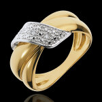 Bague boucle d'or pave - 3 diamants - or blanc et or jaune 18 carats