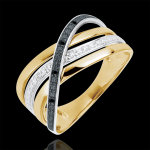 Bague saturne quadri - diamants noirs et blancs - or blanc et or jaune 1