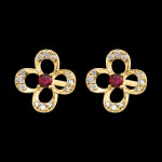 Boucles d'oreilles puces floralya  or jaune 9 carats, rubis et diam