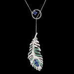Collier panache - sautoir - or blanc 9 carats avec saphirs et meraudes