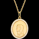 M�daille de bapt�me vierge marie sertie � or jaune 9 carats et diama