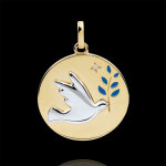 Mdaille colombe au rameau - laque bleu - 1 diamant - or blanc et or ja