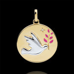 Mdaille colombe au rameau - laque rose - 1 diamant - or blanc et or ja