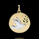 Mdaille colombe au rameau - laque verte - 1 diamant - or blanc et or j