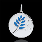 Mdaille rameau d'olivier - laque bleue - 4 diamants - or blanc 18 cara