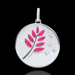 Mdaille rameau d'olivier - laque rose - 4 diamants - or blanc 18 carat