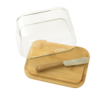 Beurrier avec cloche en verre et plateau en bambou 13. 5 x 9. 5 cm 164742 Beurrier avec cloche en verre et plateau en bambou 13. 5 x 9. 5 cm 164742