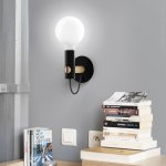 Applique tenon en bois naturel et m�tal noir, culot e27