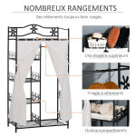 Armoire penderie multi rangements 5 tagres 84l x 42l x 159h cm mtal noir motif fleurs 2 rideaux blanc ...
