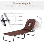 Bain de soleil pliable transat inclinable 4 positions chaise longue de lecture 3 coussins fournis marron ...