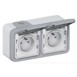 Double prise de courant avec terre plexo apparent horizontal - gris
