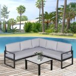 Ensemble salon de jardin d'angle design contemporain style yachting 5 places coussins table basse inclus ...