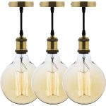 Lot de 3 kits de suspension vintage avec c�ble textile et ampoules filament carbone grand globe