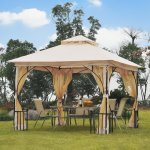 Pavillon de jardin tonnelle barnum style colonial double toit toiles moustiquaires amovibles zippes ...