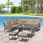 Salon de jardin 6 pers. grand confort canap d'angle + 2 poufs + table  manger coussins assise & dossier ...