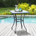 Table carrée bistro de jardin dim. 68l x 68l x 84h cm métal Époxy gris plateau verre trempé granité Table carrée bistro de jardin dim. 68l x 68l x 84h cm métal Époxy gris plateau verre trempé granité