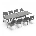 Table de jardin extensible aluminium 270cm + 8 fauteuils empilables textilène anthracite - lio 8 Table de jardin extensible aluminium 270cm + 8 fauteuils empilables textilène anthracite - lio 8