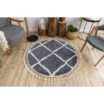 Tapis berber cross b5950 cercle gris et blanc franges berb�re marocain shaggy cercle 160 cm